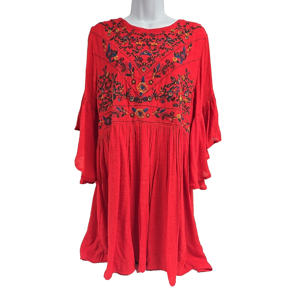 UMGEE USA Womens Dress Boho Baby Doll Red Embroidered Bell Sleeve Size Medium